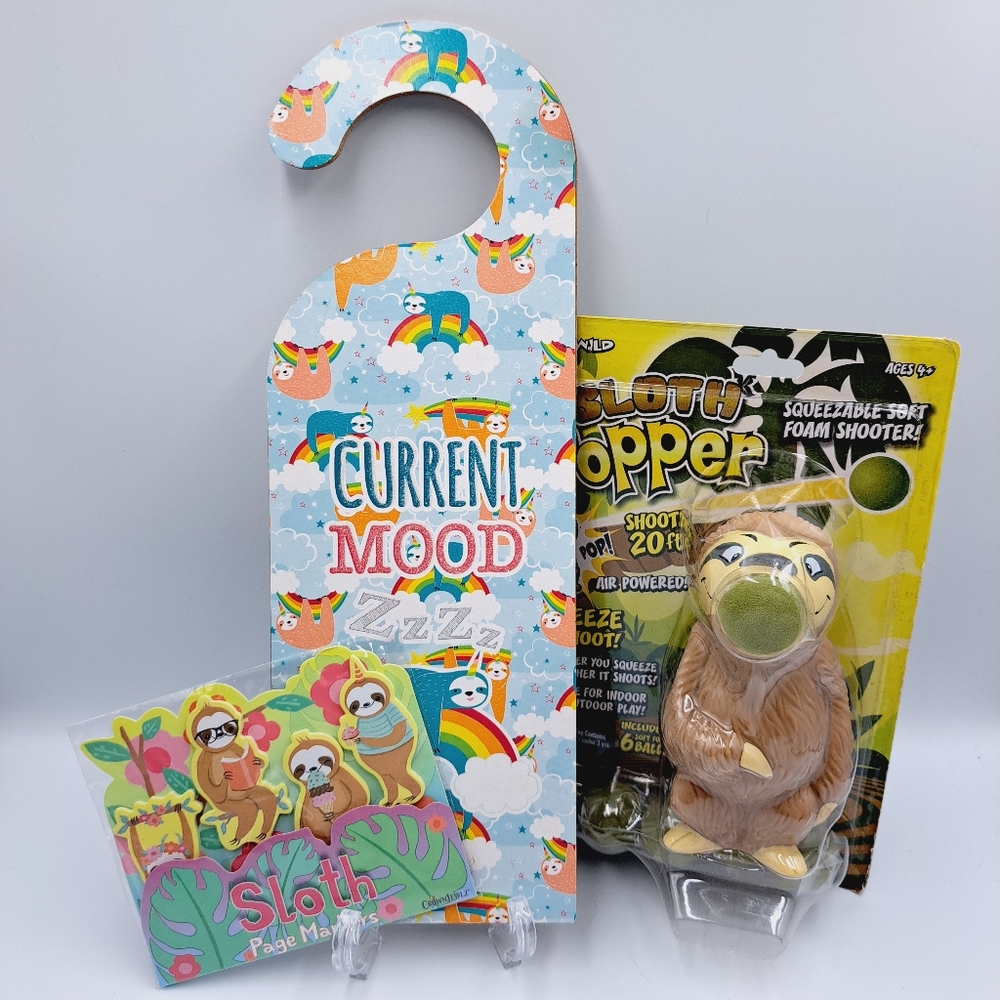 Sloth Themed Gift Set with Foam Shooter, Door Hanger & Sloth Shaped Post Its